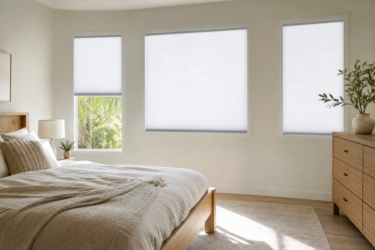 Cellular shades in a bedroom interior