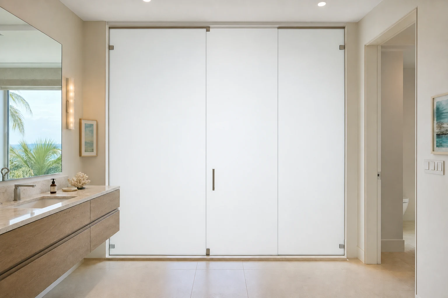 Privacy smart film applied to bathroom glass