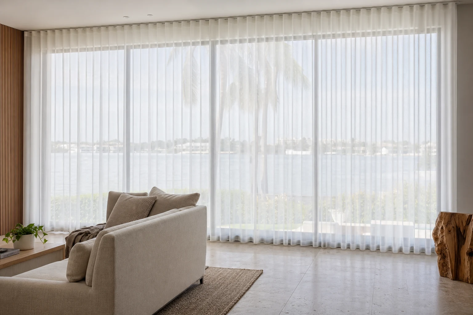 South Florida waterfront home concept with custom sheer drapery