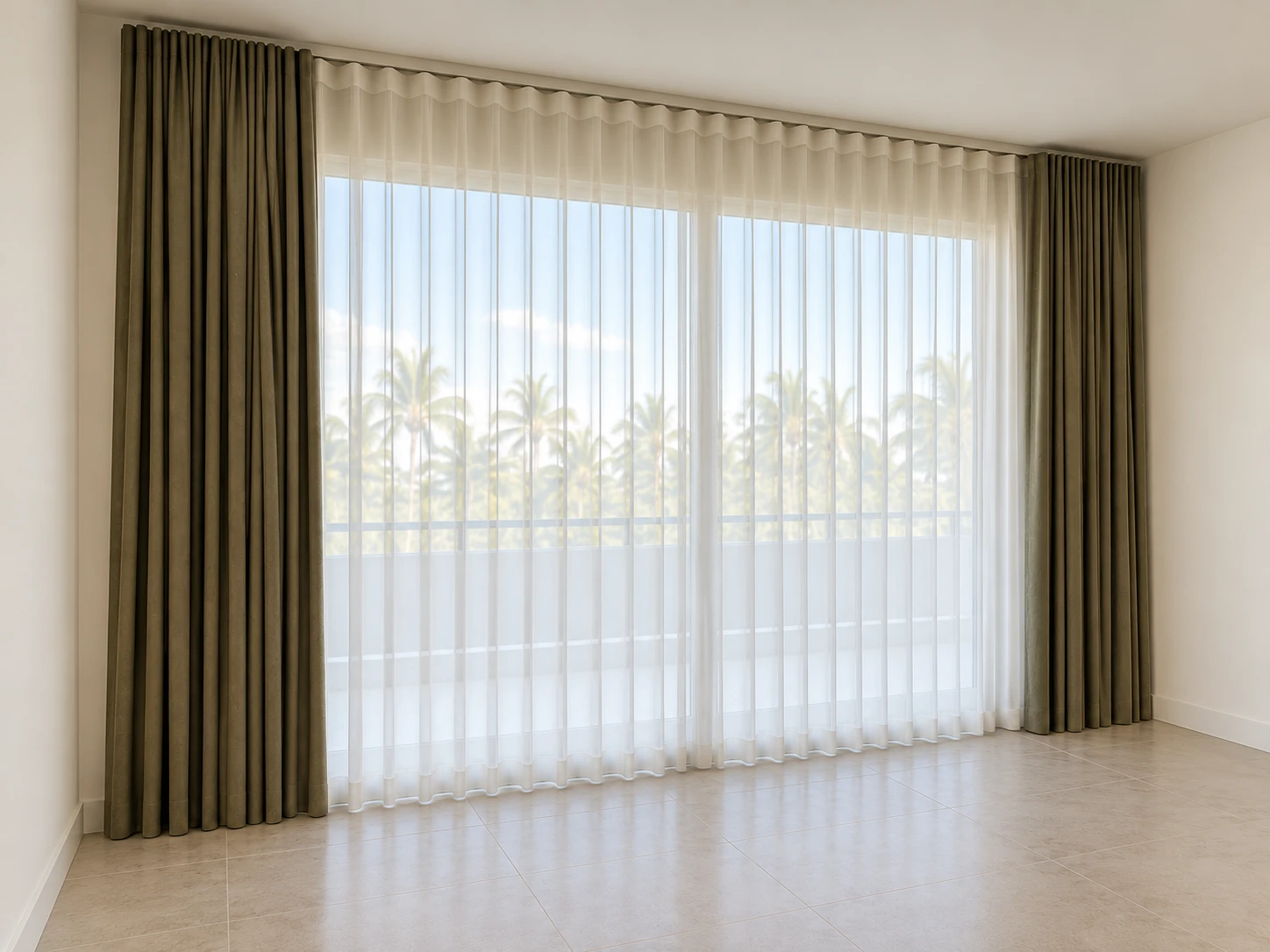 Design study of full-height olive drapery framing ivory sheer curtains
